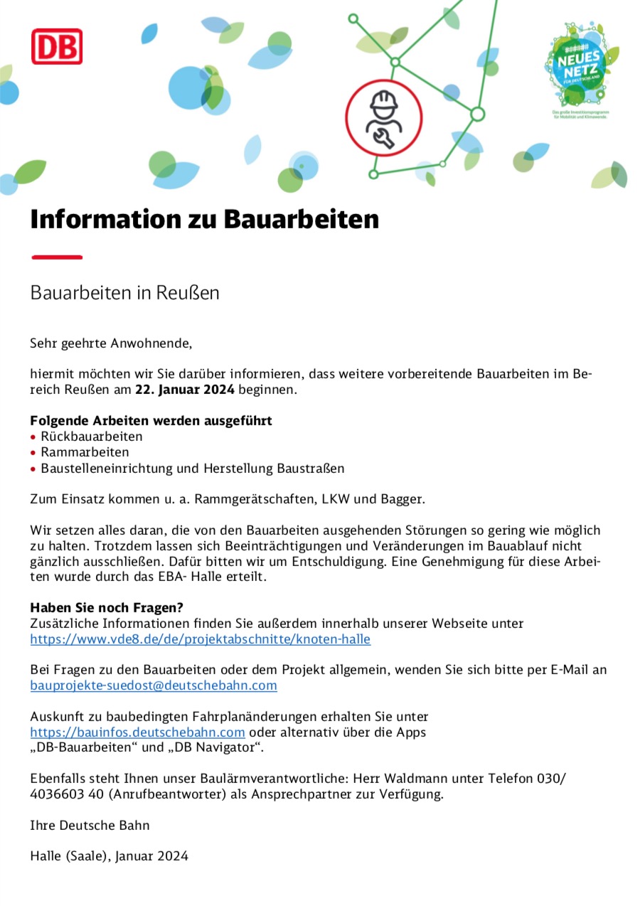 Information zu Bauarbeiten: Bauarbeiten in Reußen