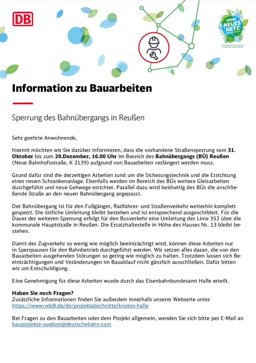 Informationen zu Bauarbeiten: Sperrung des Bahnübergangs in Reußen